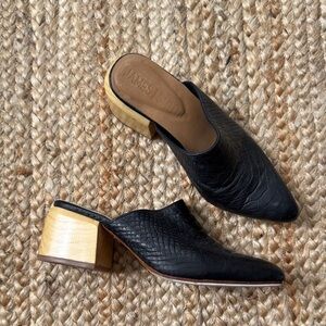 James Smith 36 Black Point Toe Wood Heel Mule Faux Croc